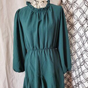 Long Sleeve Elastic Cuff Forest Green Ruffled Neckline - Medium